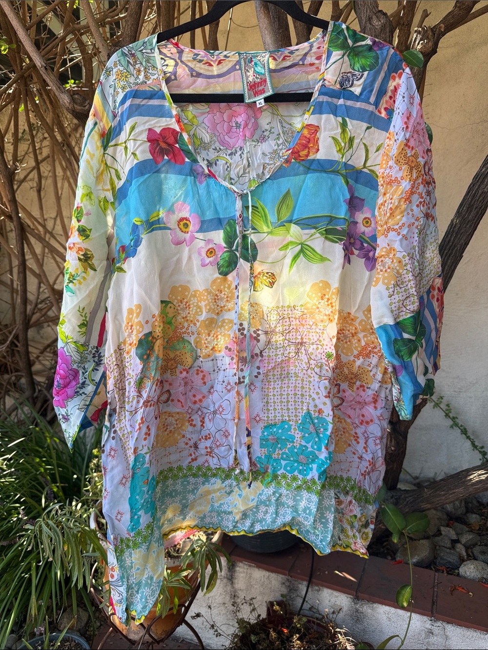 Johnny Was Multicolor Floral & Stripe V-Neck Tunic
